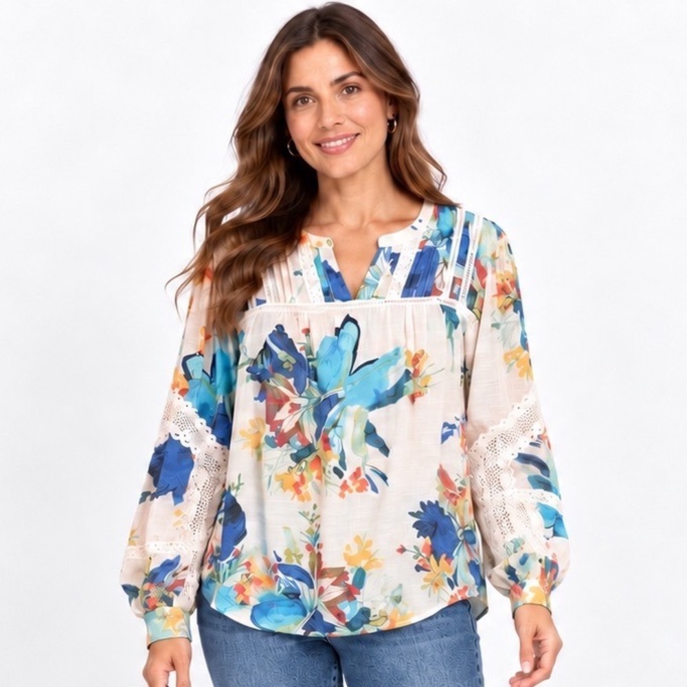 Zac & Rachel XL Floral Print Crochet Lace Boho Chic Peasant Blouse Multicolor